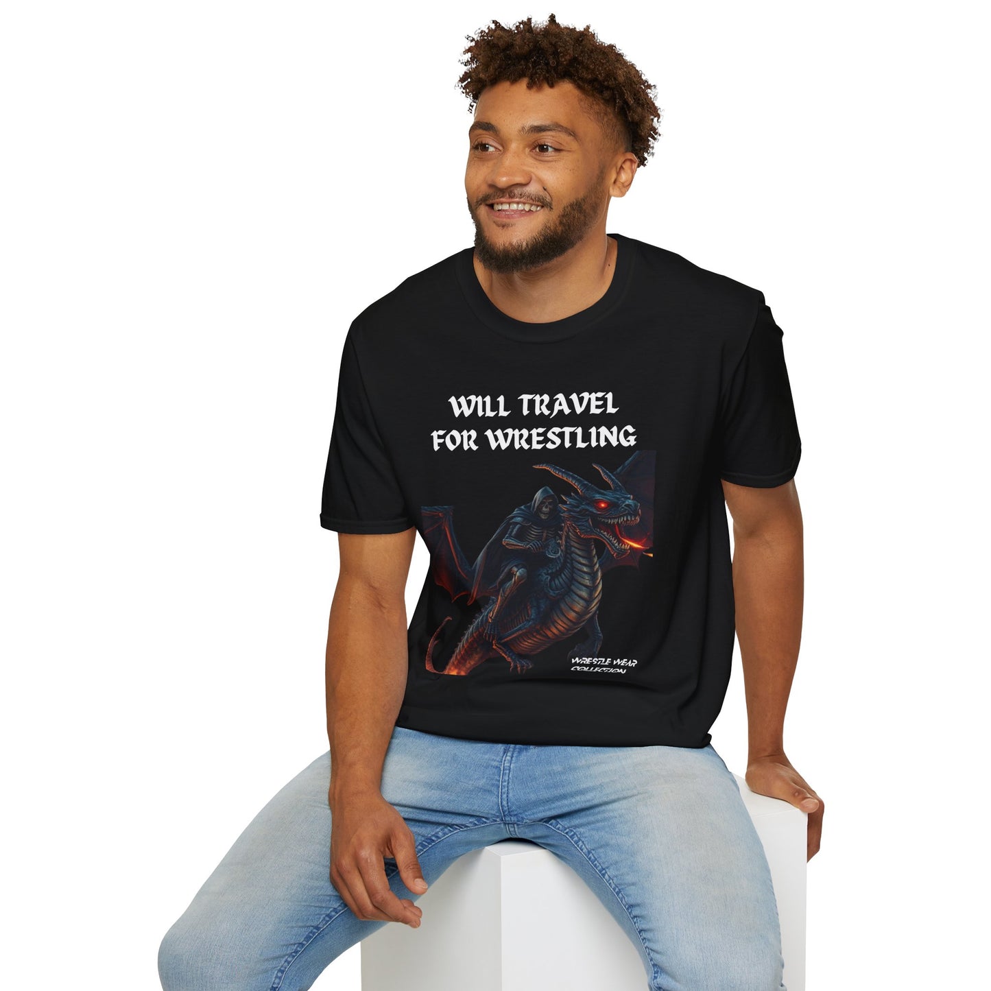 Will Travel For Wrestling Skeleton Warrior & Dragon Unisex Softstyle T-Shirt
