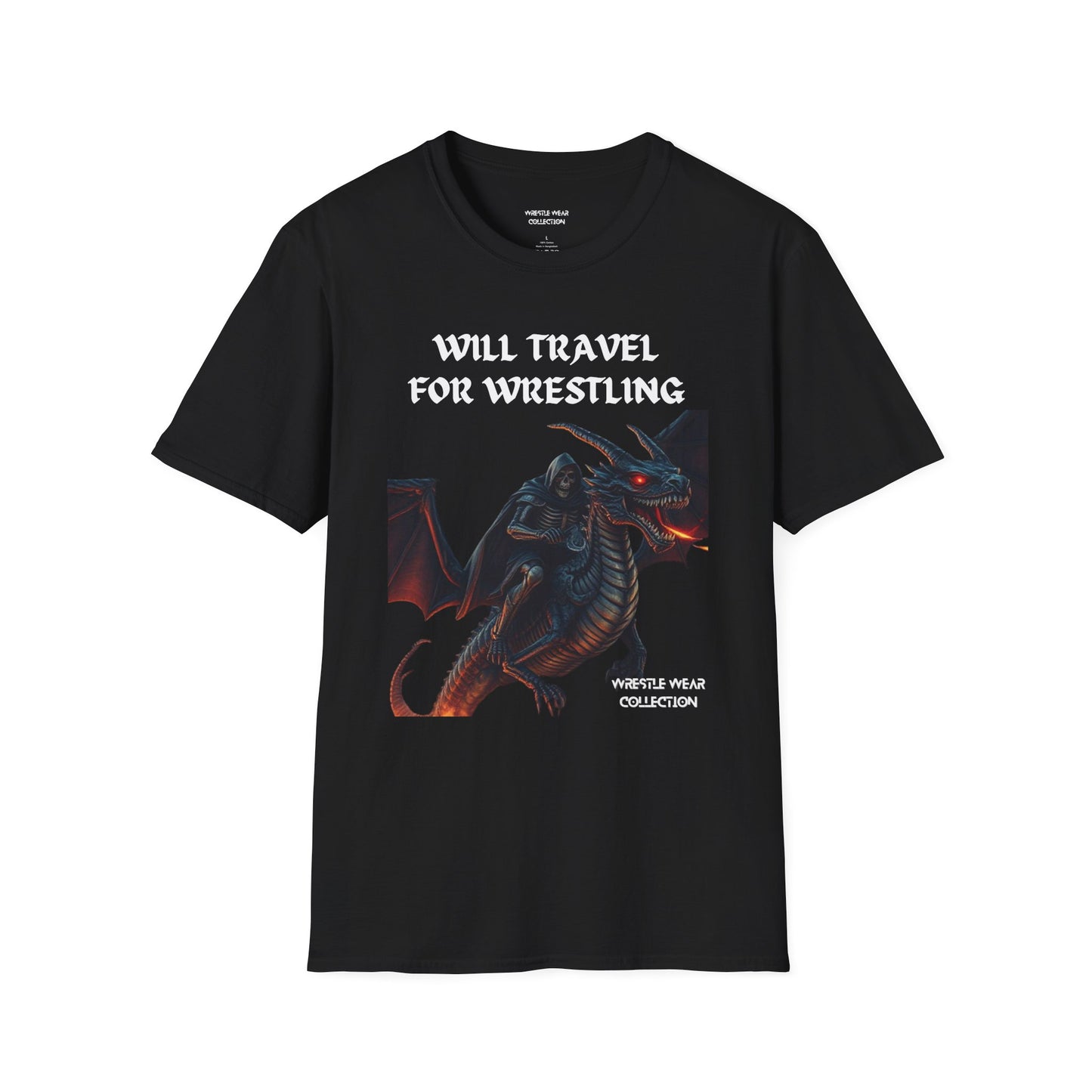Will Travel For Wrestling Skeleton Warrior & Dragon Unisex Softstyle T-Shirt