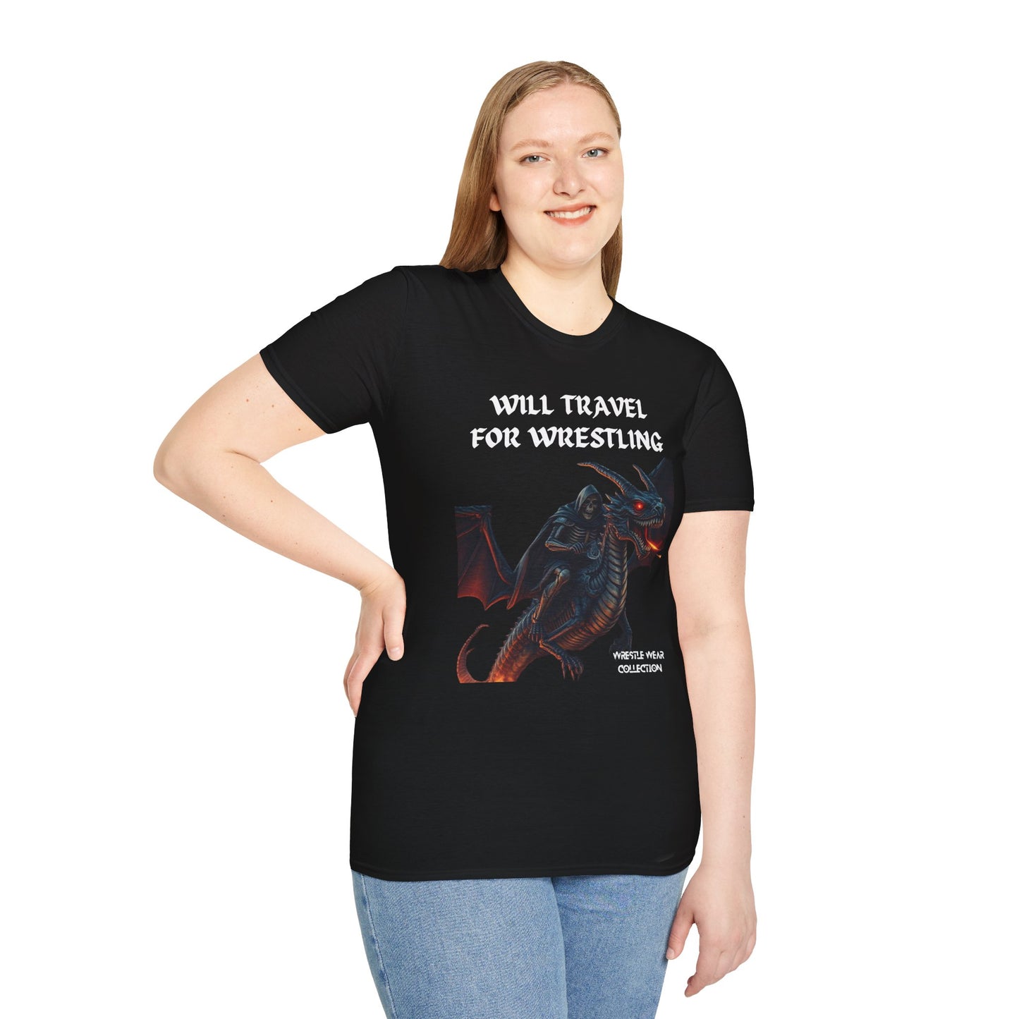 Will Travel For Wrestling Skeleton Warrior & Dragon Unisex Softstyle T-Shirt