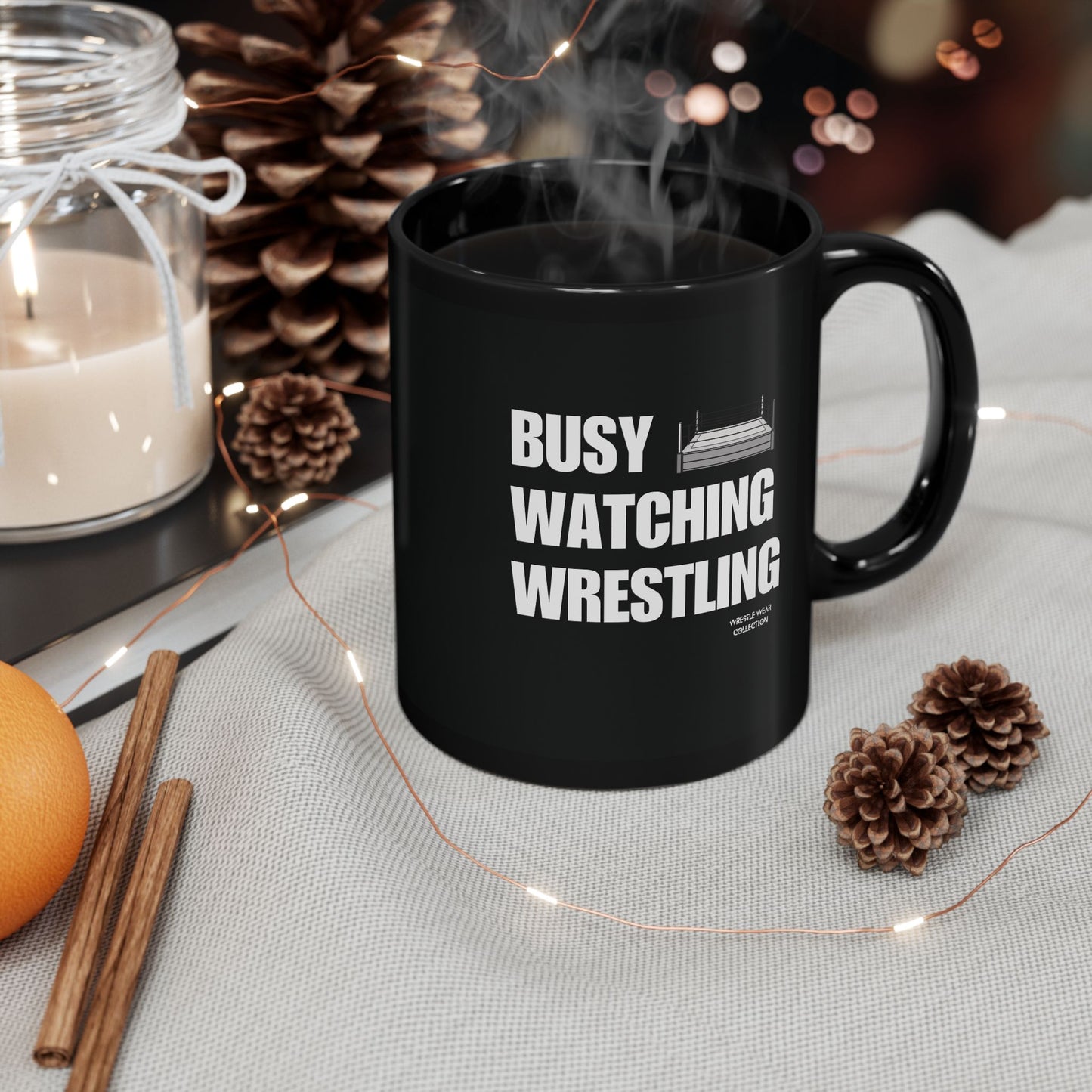 Busy Watching Wrestling Black Ceramic Mug 11oz